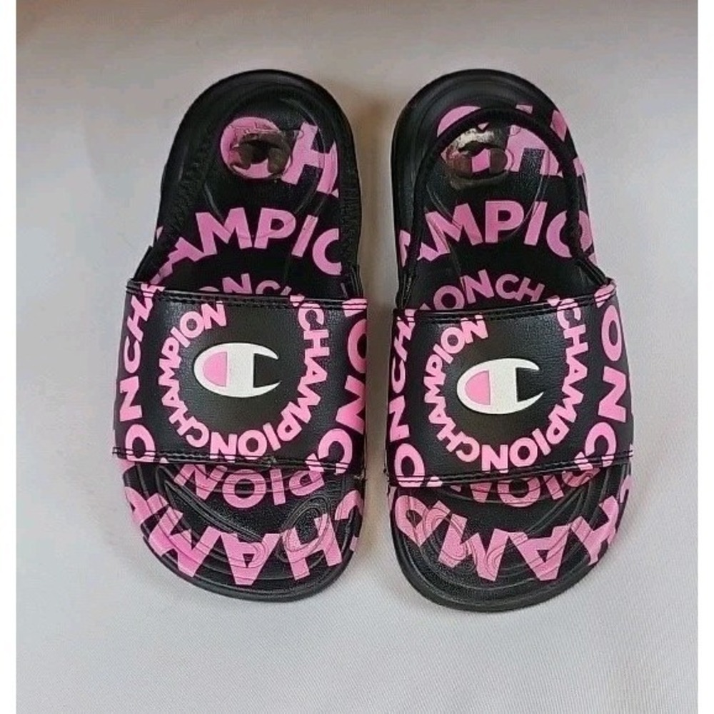 Unisex Toddler Champion Big Logo All over Print Slide Sandals Size 10  Pink/blk